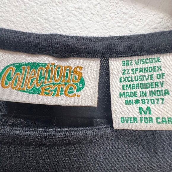 Collections Etc Black Dress Embroidered Red Roses Floral Med Slinky Stretch VTG - Picture 3 of 9